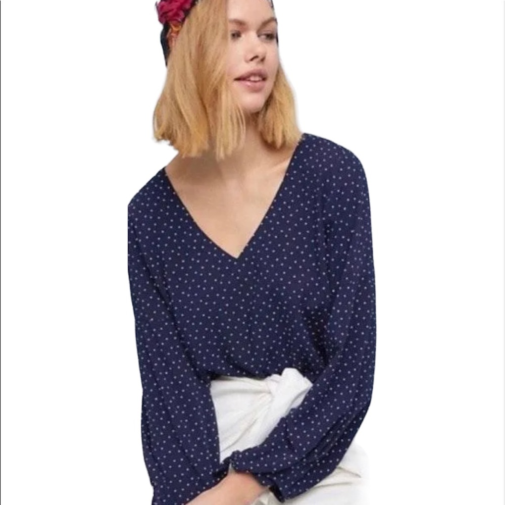 Anthropologie Maeve Pernille Navy Blue Polka Dot Tie Sleeve Blouse | Women’s XS